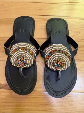 Brand New Hand Beaded Women's Black Beaded Toe-Post Sandals (from Tanzania)